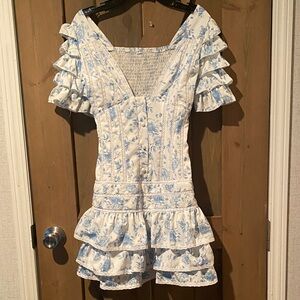 Chic White and Blue Floral Ruffle Mini Dress
